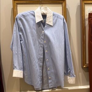 Sandro Light Blue Pinstripe Button-Up Shirt with White Collar